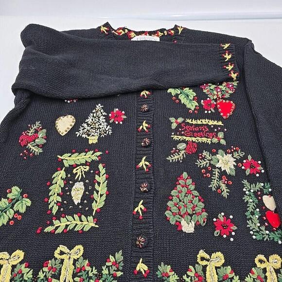 Casual Corner Ugly Christmas Embroidered Beaded Button Up Cardigan Sweater PS‎ - Picture 8 of 16